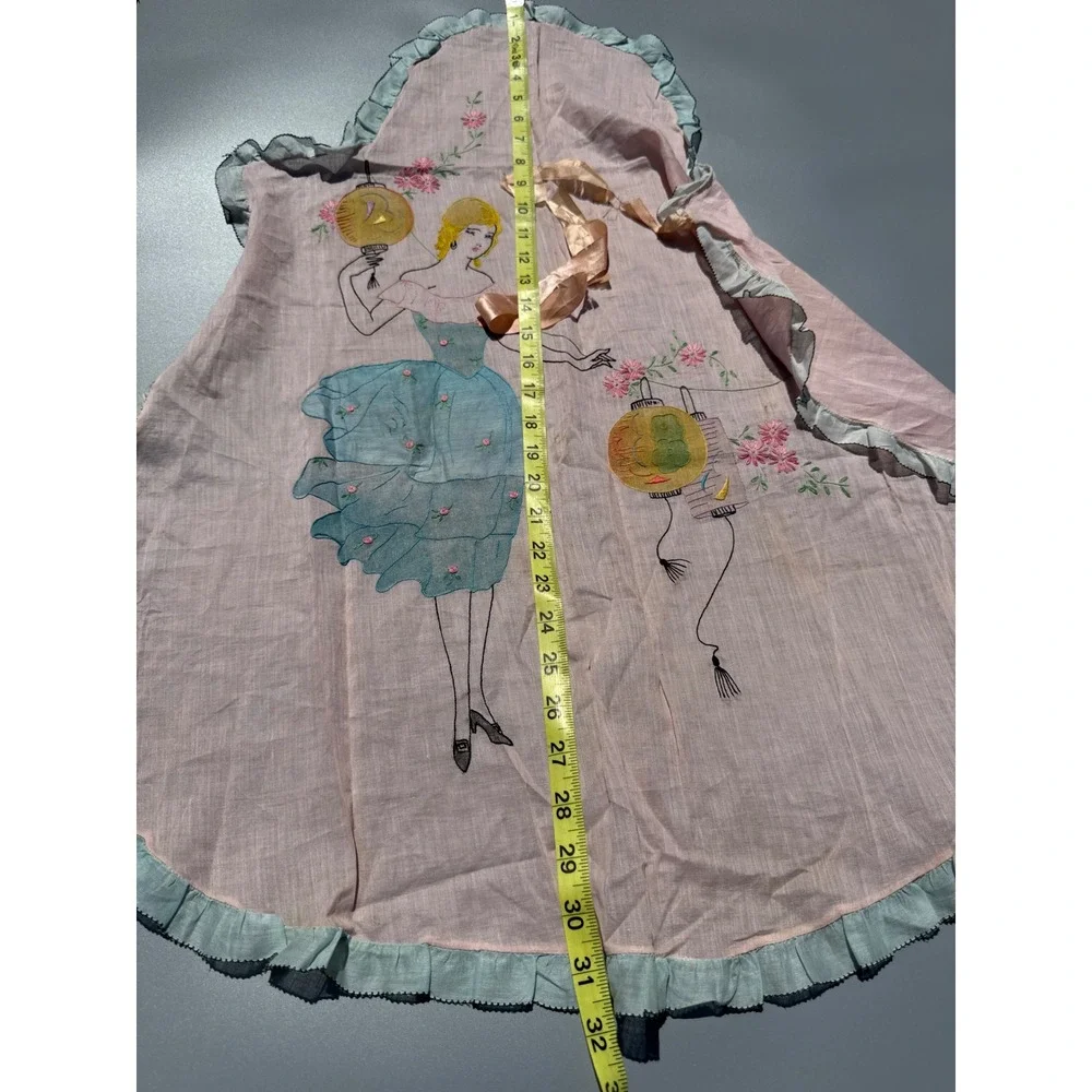 Vintage 1920s Art Deco Tea Apron Hand Painted Flapper Girl Chinoiserie Pink Blue